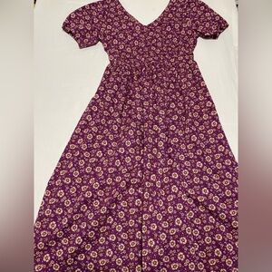 J.Crew Women's Size 6 Purple Floral V-Neck Smocked Waist Midi Dress w/Pockets